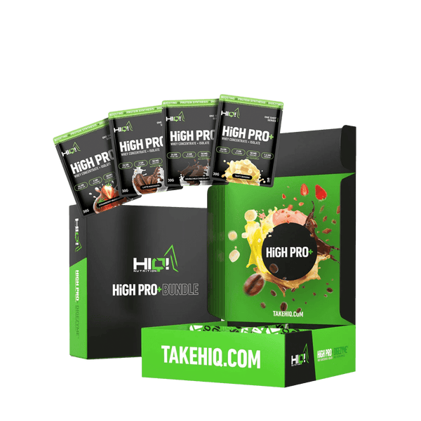 HIGH PRO+ Bundle – 32 şase WPC80, WPI90, L-Glutamin, Digezyme® ilə daşına bilən, şəkərsiz protein və əzələ inkişafı dəstəyi.