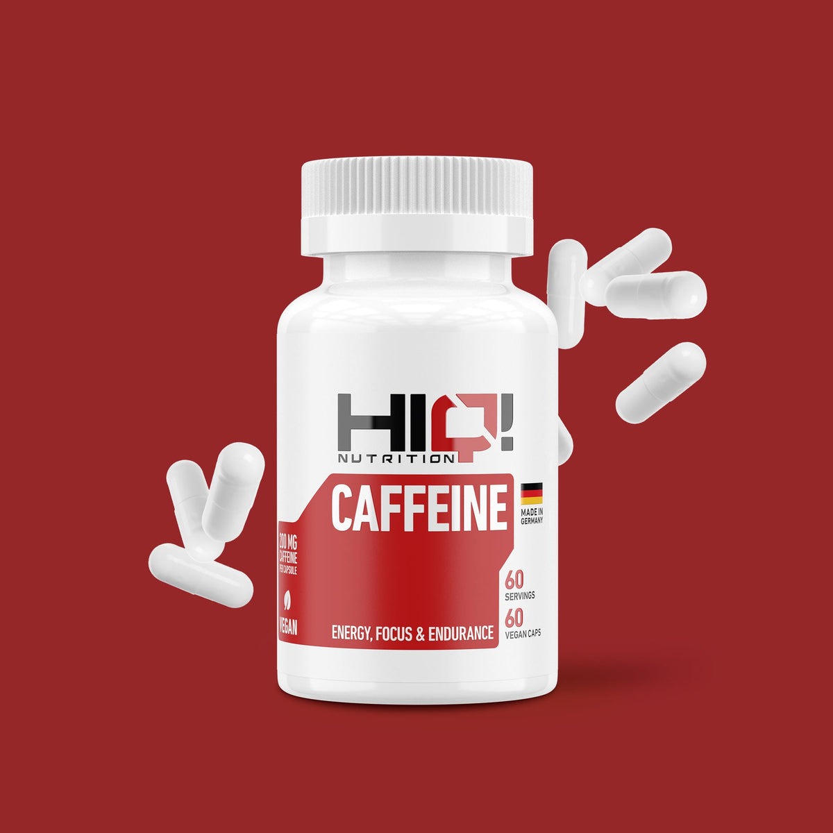 HIQ Caffeine – kapsulda 200mq kafeinlə enerji, dözümlülük, zehni fokus; yüksək keyfiyyətli xammalla Almaniyada istehsal.