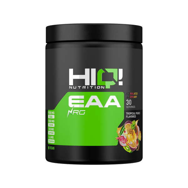 HIQ EAA NRG – 9 əsas amin turşusu, taurin, kafein, B6 ilə enerji, əzələ bərpası, inkişaf və sürətli toparlanma dəstəyi.