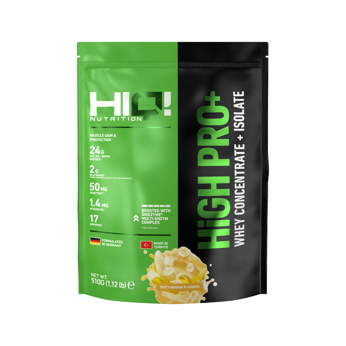 HIQ High Pro+ – WPC80, WPI90, L-Glutamin, Digezyme® və B6 ilə əzələ inkişafı dəstəyi; şəkərsiz, yüksək keyfiyyətli protein.