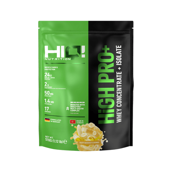 HIQ High Pro+ – WPC80, WPI90, L-Glutamin, Digezyme® və B6 ilə əzələ inkişafı dəstəyi; şəkərsiz, yüksək keyfiyyətli protein.