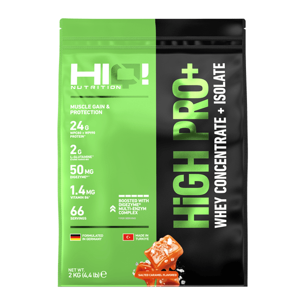 HIQ High Pro+ – WPC80, WPI90, L-Glutamin, Digezyme® və B6 ilə əzələ inkişafı, protein metabolizması dəstəyi; şəkərsiz protein.