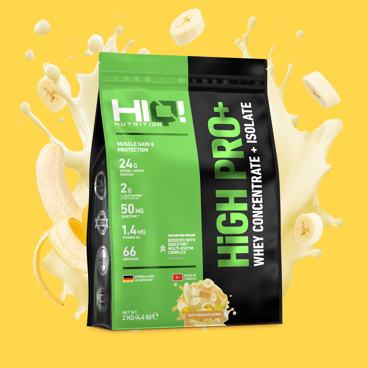 HIQ High Pro+ – WPC80, WPI90, L-Glutamin, Digezyme® və B6 ilə əzələ inkişafı, protein metabolizması dəstəyi; şəkərsiz protein.