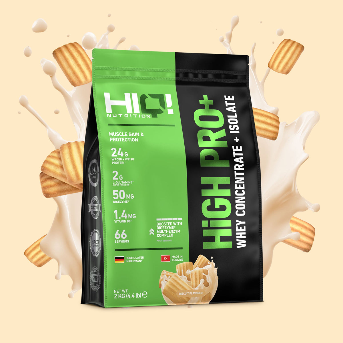 HIQ High Pro+ – WPC80, WPI90, L-Glutamin, Digezyme® və B6 ilə əzələ inkişafı, protein metabolizması dəstəyi; şəkərsiz protein.