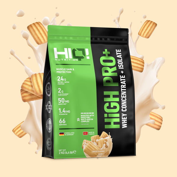 HIQ High Pro+ – WPC80, WPI90, L-Glutamin, Digezyme® və B6 ilə əzələ inkişafı, protein metabolizması dəstəyi; şəkərsiz protein.