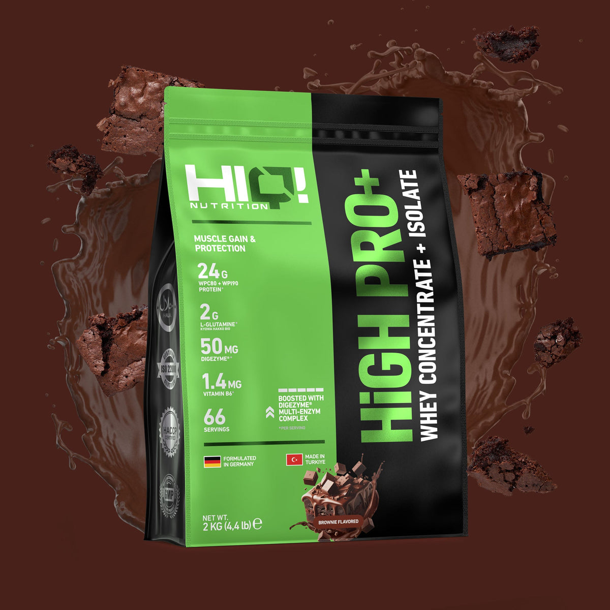 HIQ High Pro+ – WPC80, WPI90, L-Glutamin, Digezyme® və B6 ilə əzələ inkişafı, protein metabolizması dəstəyi; şəkərsiz protein.