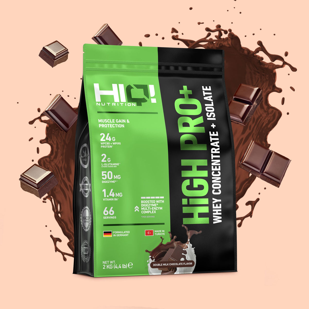 HIQ High Pro+ – WPC80, WPI90, L-Glutamin, Digezyme® və B6 ilə əzələ inkişafı, protein metabolizması dəstəyi; şəkərsiz protein.