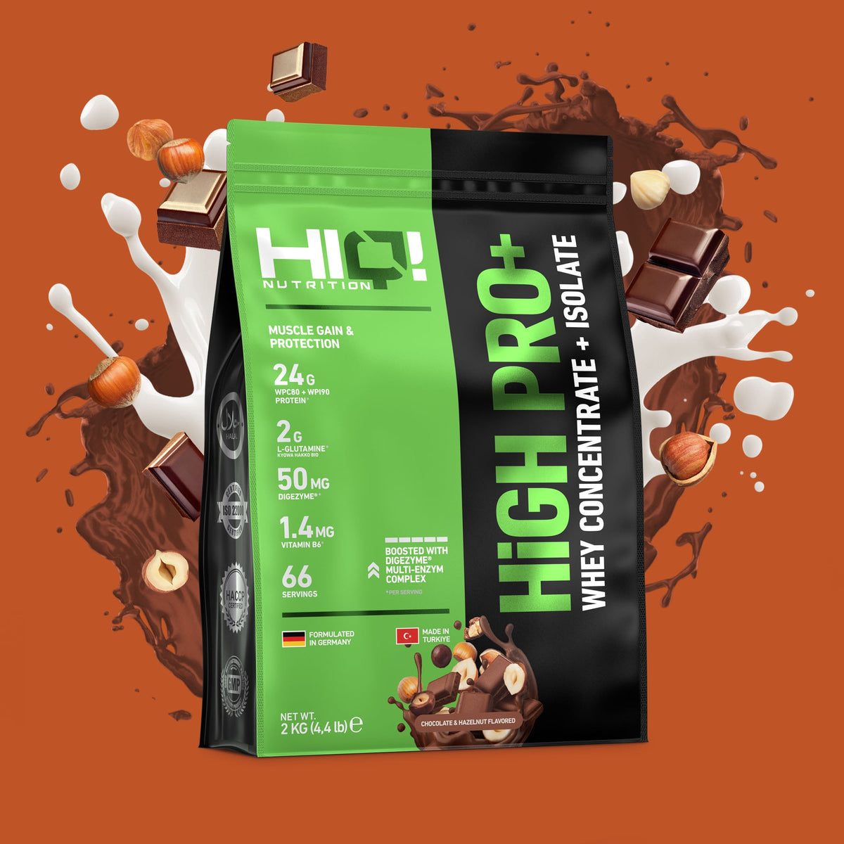 HIQ High Pro+ – WPC80, WPI90, L-Glutamin, Digezyme® və B6 ilə əzələ inkişafı, protein metabolizması dəstəyi; şəkərsiz protein.