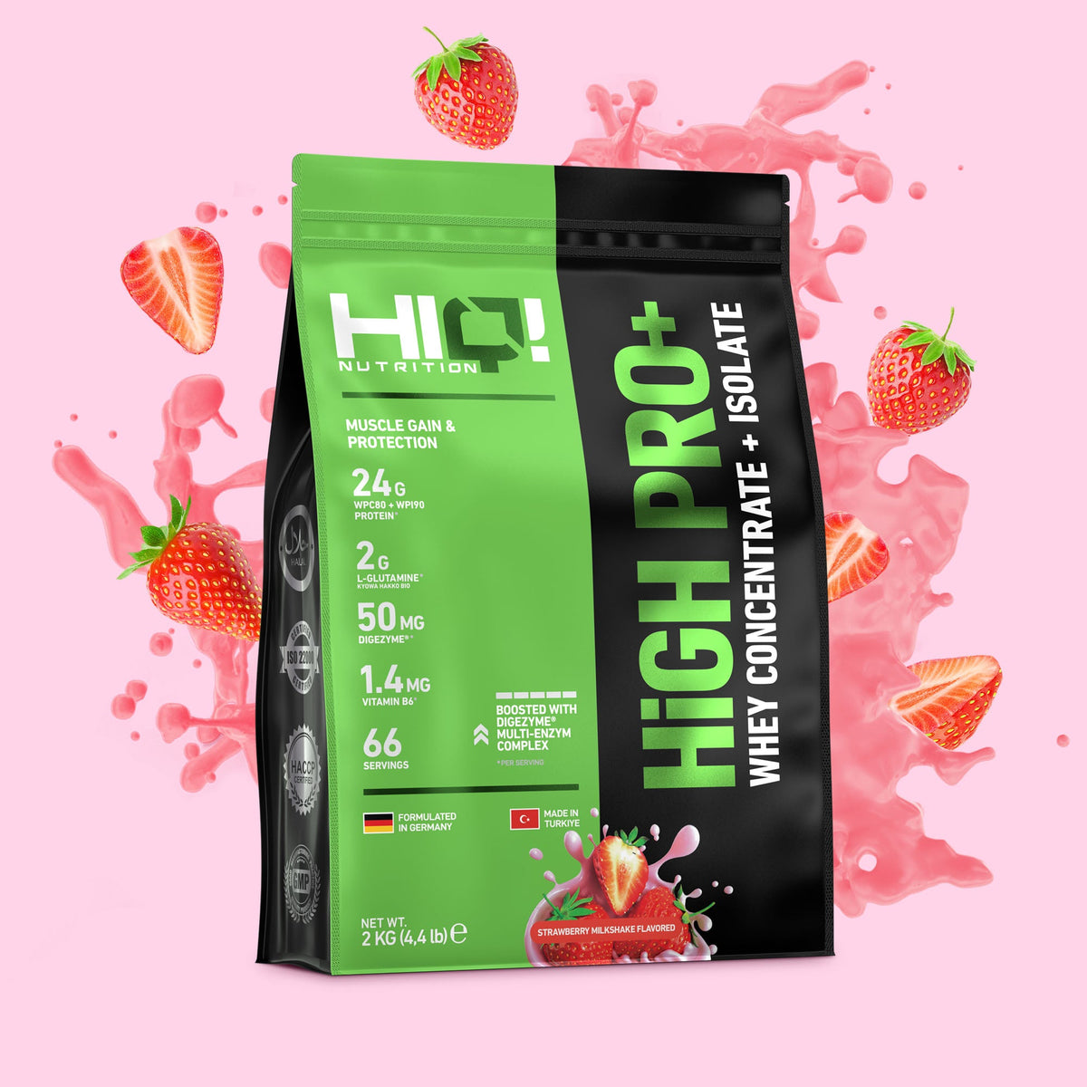 HIQ High Pro+ – WPC80, WPI90, L-Glutamin, Digezyme® və B6 ilə əzələ inkişafı, protein metabolizması dəstəyi; şəkərsiz protein.
