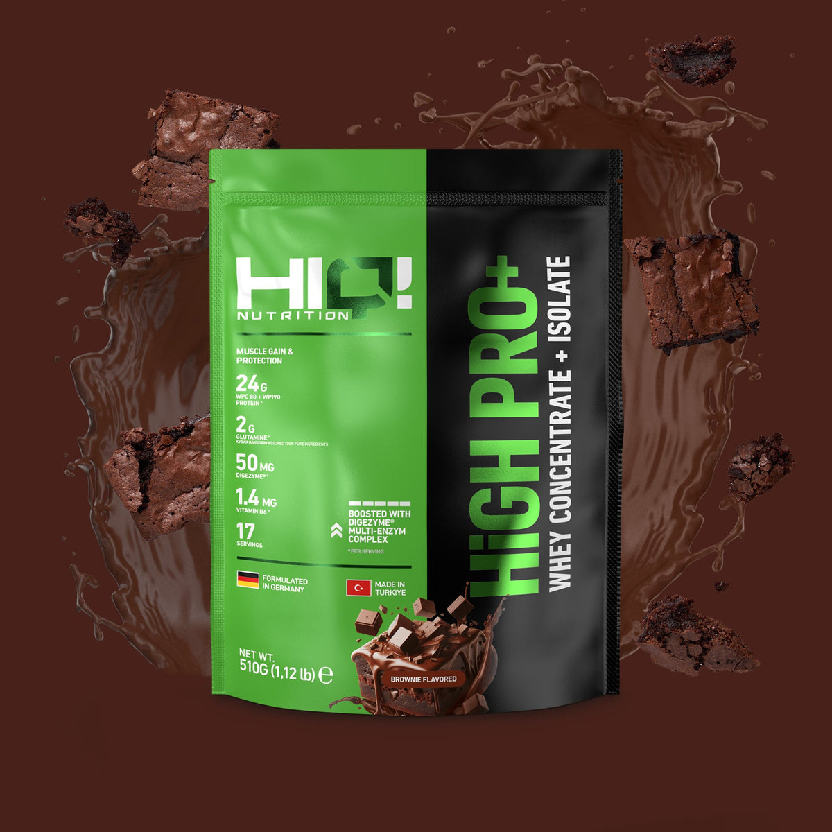 HIQ High Pro+ – WPC80, WPI90, L-Glutamin, Digezyme® və B6 ilə əzələ inkişafı dəstəyi; şəkərsiz, yüksək keyfiyyətli protein.