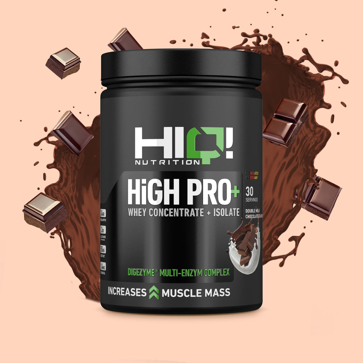HIQ High Pro+ – WPC80, WPI90, L-Glutamin, Digezyme® və B6 ilə əzələ inkişafı, protein metabolizması dəstəyi; şəkərsiz protein.
