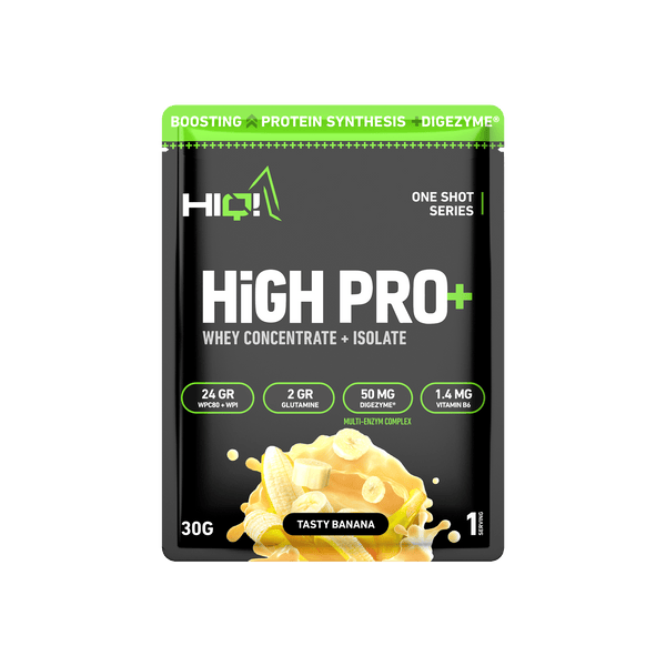 HIQ High Pro+ Şase – 4 dad seçimi, WPC80, WPI90, L-Glutamin, Digezyme® ilə əzələ inkişafı dəstəyi; daşına bilən, şəkərsiz protein.