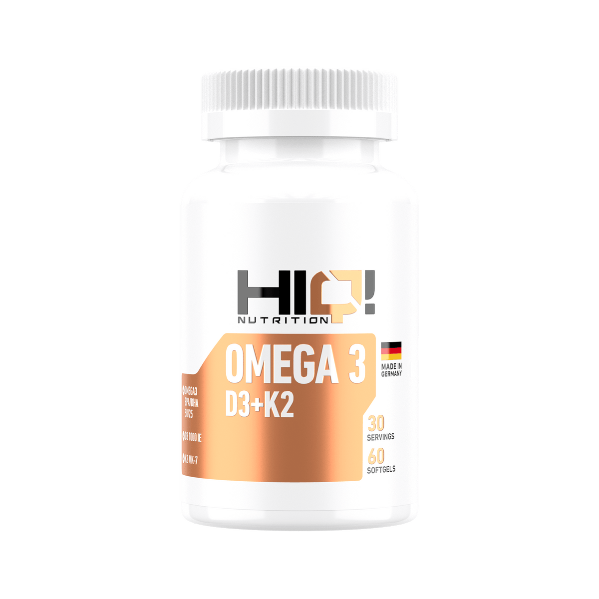 HIQ Omega 3 D3+K2 – 500mq EPA, 250mq DHA, D3 və K2 ilə ürək, beyin, sümük dəstəyi; D3-K2 birləşməsi ilə maksimum fayda.