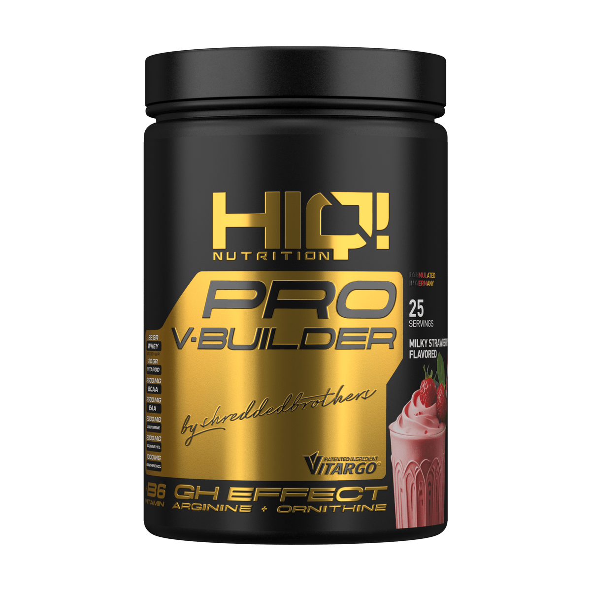 HIQ Pro V-Builder – protein, Vitargo®, BCAA, qlutamin, arjininlə əzələ, enerji, dözümlülük, bərpa dəstəyi; şəkərsiz formula.