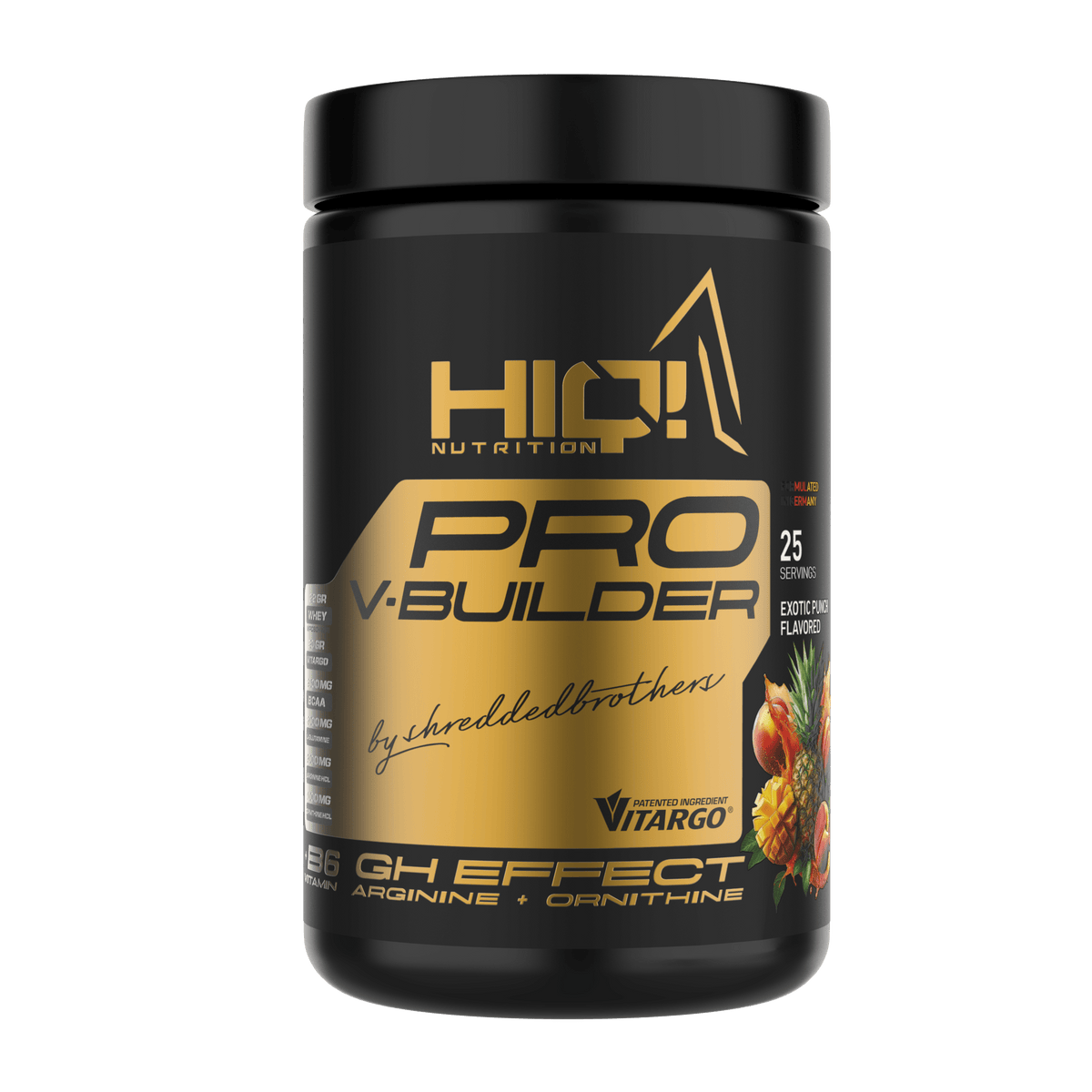 HIQ Pro V-Builder – protein, Vitargo®, BCAA, qlutamin, arjininlə əzələ, enerji, dözümlülük, bərpa dəstəyi; şəkərsiz formula.