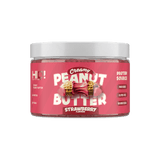 HIQ çiyələk aromalı fıstıq əzməsi – %100 fıstıq, yüksək zülal və lifli, qlütensiz, şəkərsiz, vegan; crunchy və creamy seçimlər.