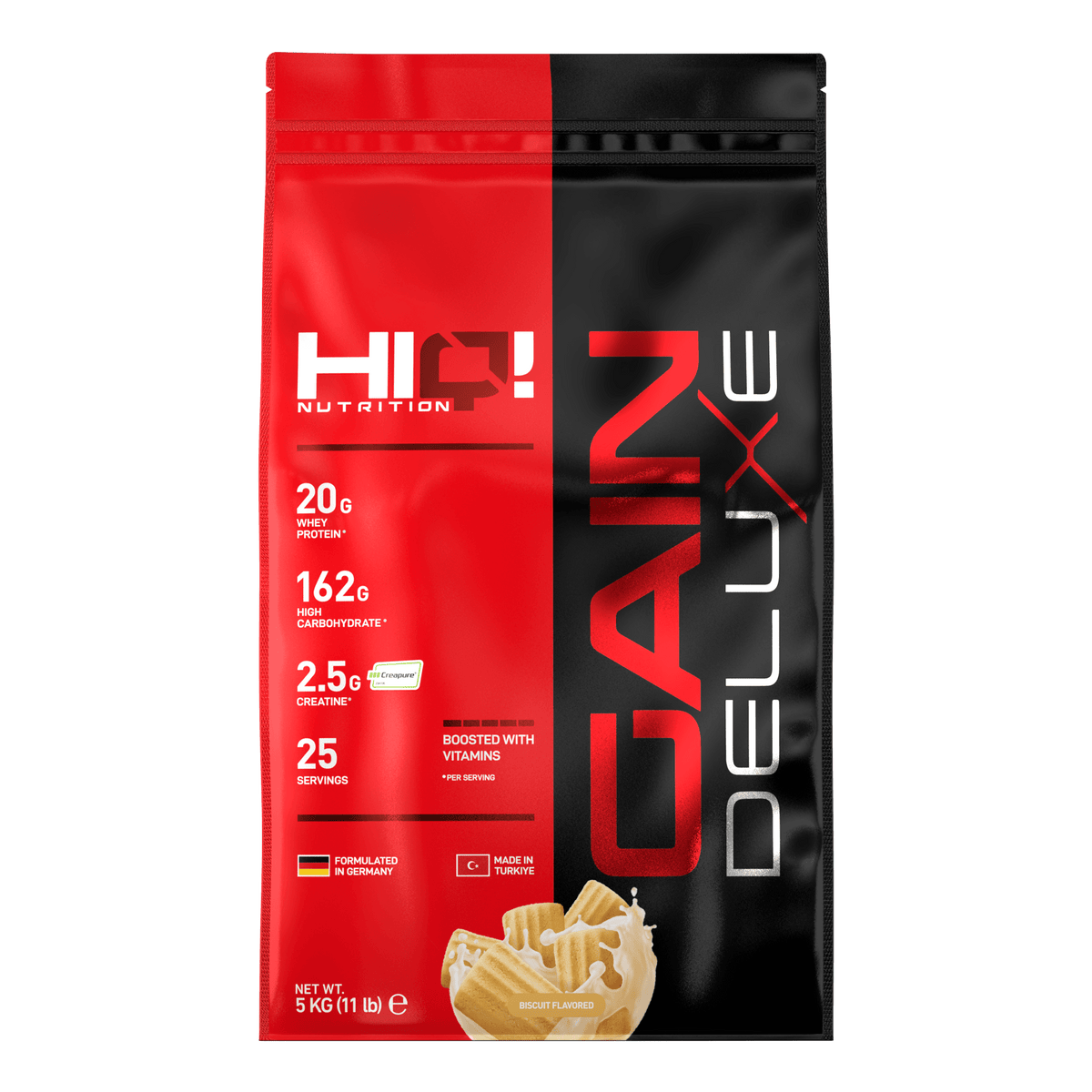 Gaindeluxe – 744 kalori, 162q karbohidrat, 20q whey, 2.5q Creapure® kreatin, multivitaminlə kütlə, əzələ və performans dəstəyi.