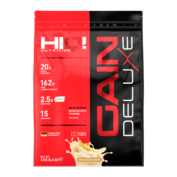 Gaindeluxe – 744 kalori, 162q karbohidrat, 20q whey, 2.5q Creapure® kreatin, multivitaminlə kütlə, əzələ və performans dəstəyi.