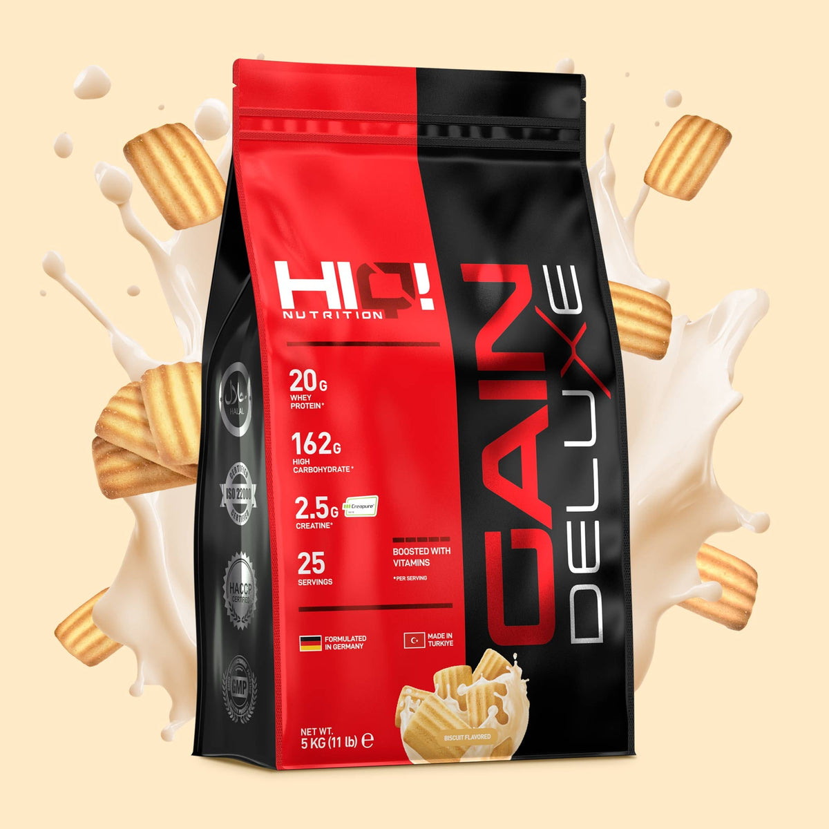 Gaindeluxe – 744 kalori, 162q karbohidrat, 20q whey, 2.5q Creapure® kreatin, multivitaminlə kütlə, əzələ və performans dəstəyi.