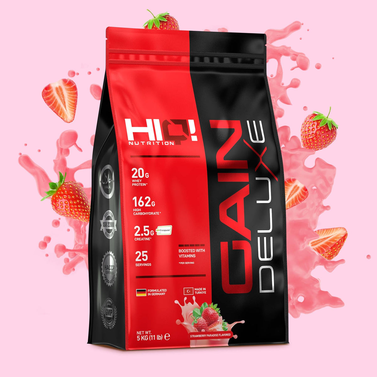 Gaindeluxe – 744 kalori, 162q karbohidrat, 20q whey, 2.5q Creapure® kreatin, multivitaminlə kütlə, əzələ və performans dəstəyi.